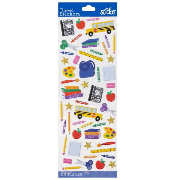 Wilton Solid Sticko Classic Multicolor Time For School Vinyl Stickers, 52 Piece