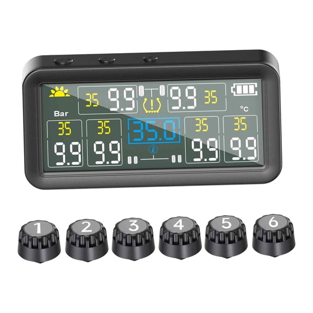 Monitor de presión de neumáticos para coche con pantalla LCD alimentada por energía solar y sensor de temperatura y presión. para 6 ruedas