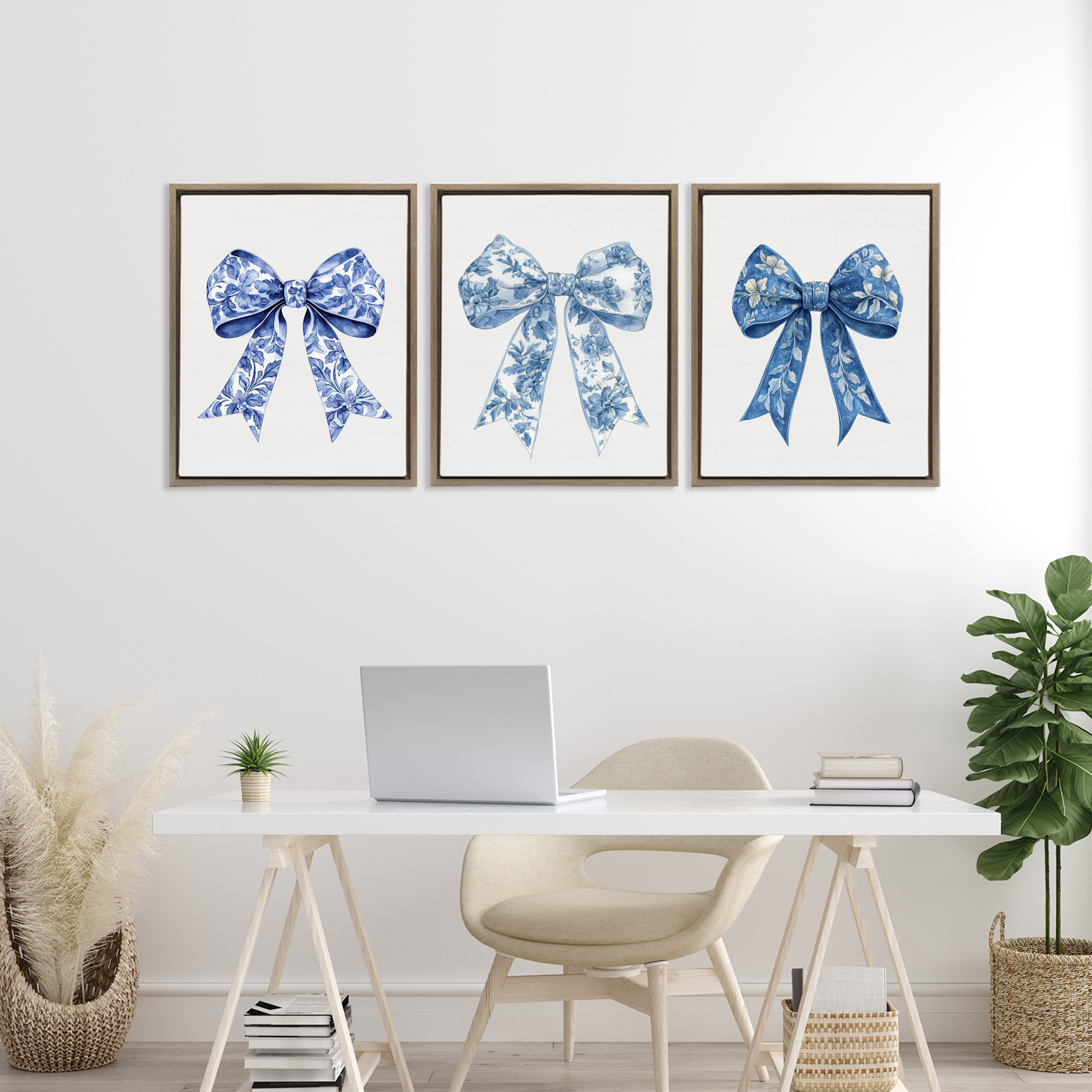 Vintage Toile Pattern Bows 3 Piece Brown Framed Floater Canvas Set, design by Lettered and Lined