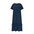 thumbnail image 5 of Ecqkame Plus Size Dresses for Women Summer Fashion Casual Solid Color Round Neck Short Sleeve Dress Loose Flowy Pleated Hem Split Vacation Dress with Pockets 01-Navy S, 5 of 6