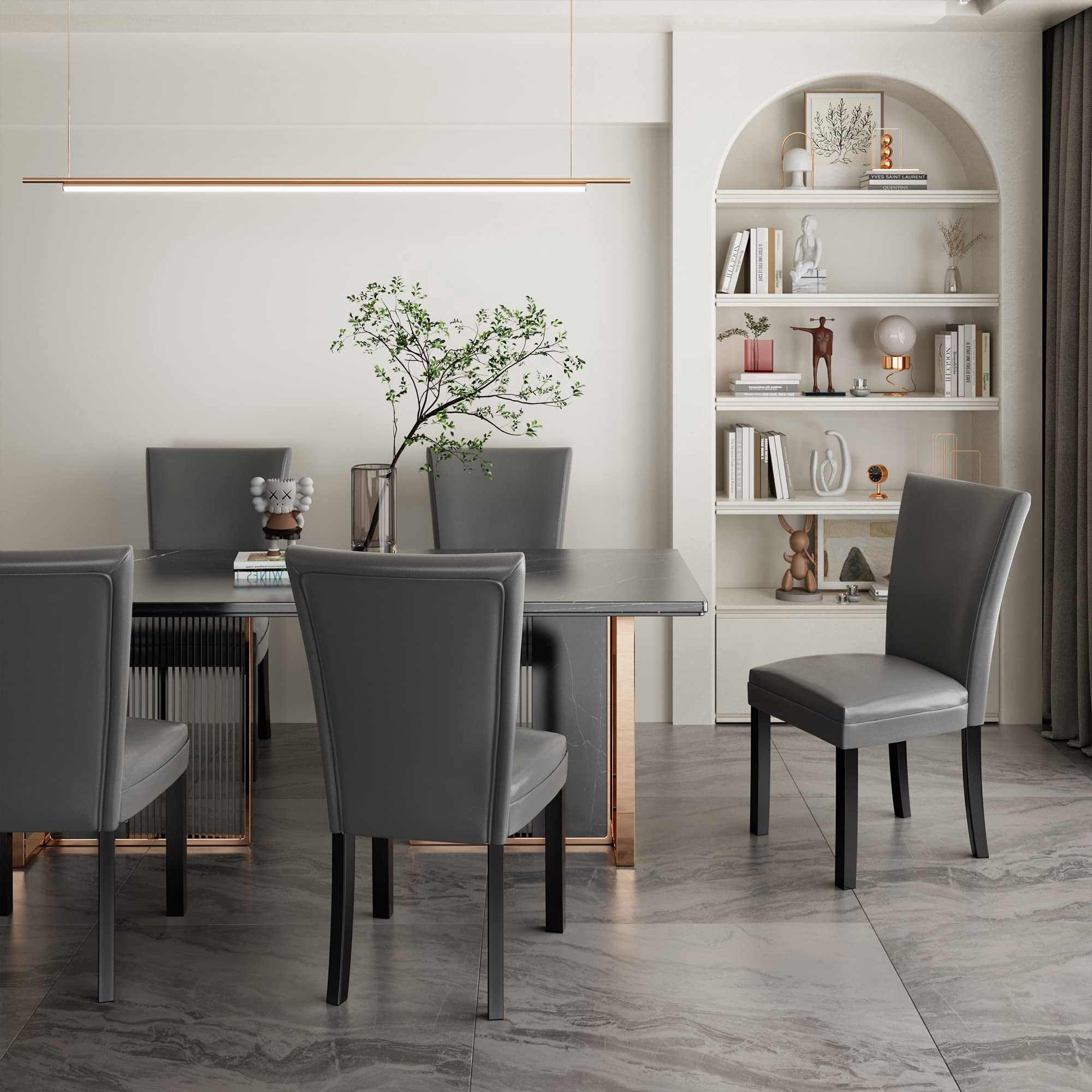 Jesonvid Faux Leather and Solid Wood Dining Side Chairs, Gray（Set of 6）