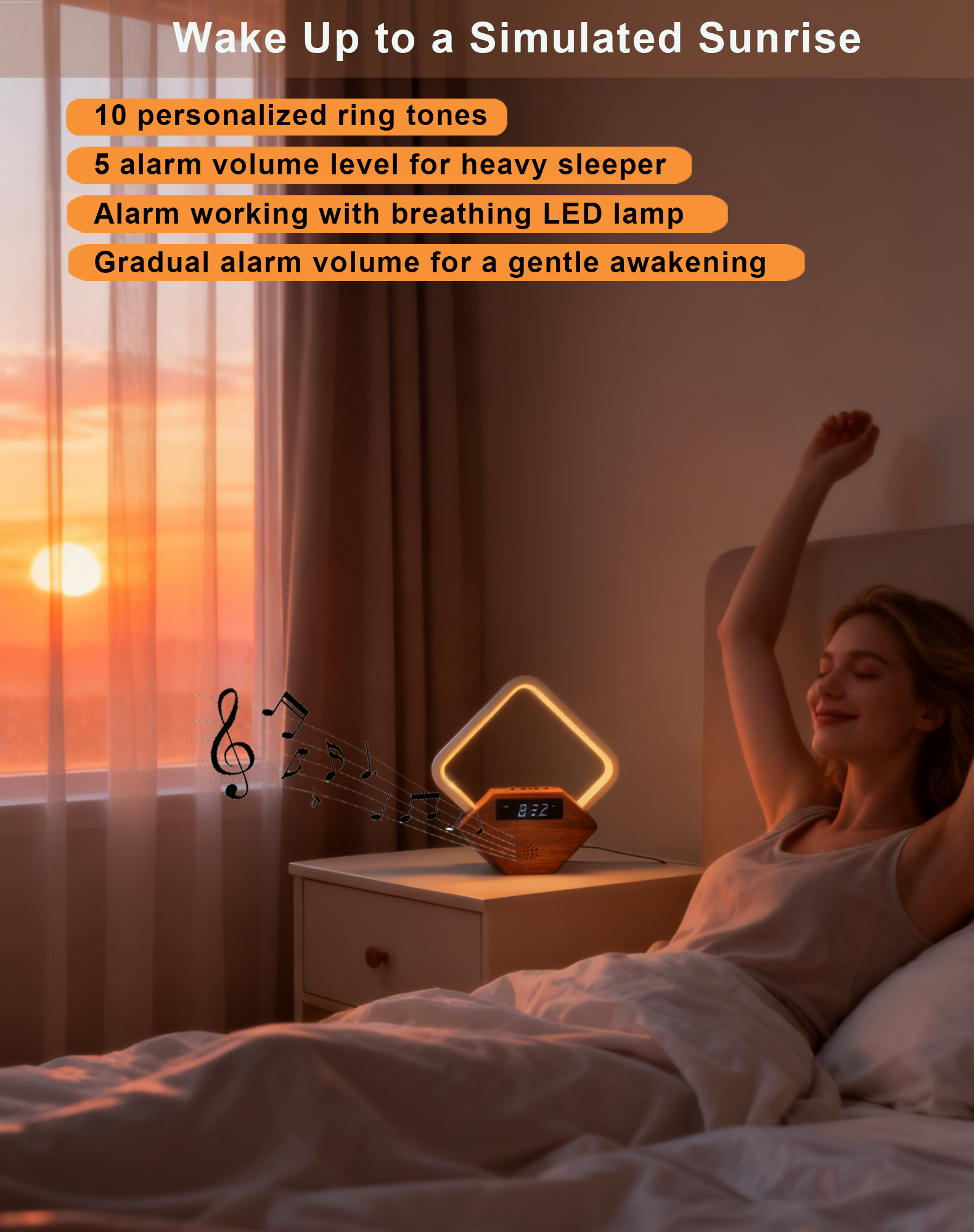 Sunrise Alarm Clock with White Noise Sound Machine, Wake Up Light for Bedrooms Heavy Sleepers Adults,Rain Thunderstorm Ocean Sleep Sounds,Bedside Lamps with Fast Charger USB C,Gift for Kid Baby