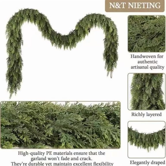 9FT Cedar Christmas Garlands, Realistic Green Pine Garland, Real Touch Artificial Cypress Garlands for Mantle, Fireplace, Desk, Door, Wall & Upstairs Indoor & Outdoor Xmas Holiday Decorations
