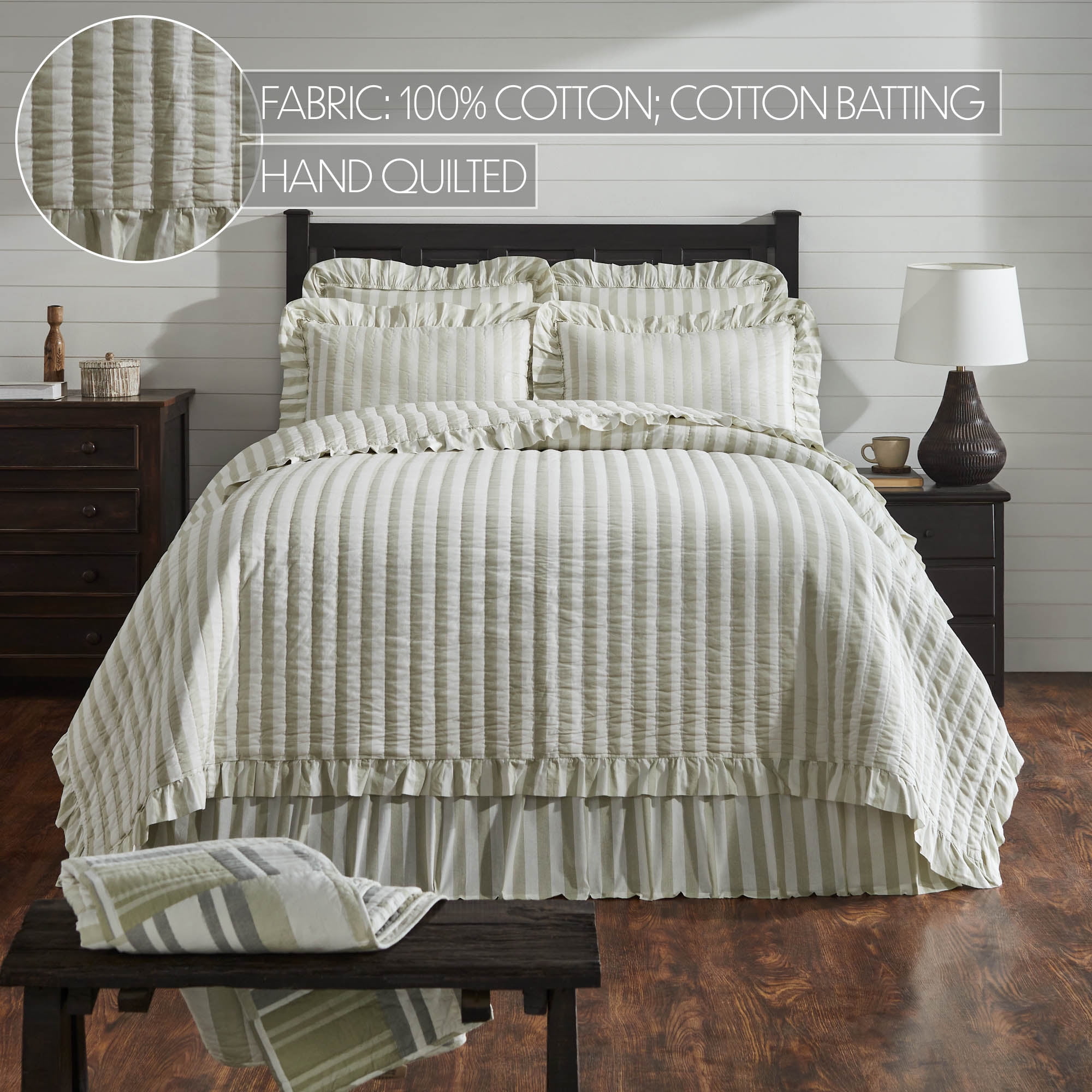 VHC Brands Finders Keepers White Cotton Striped Pattern Quilt, Queen