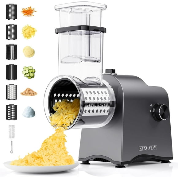 5-In-1 Electric Cheese Grater, Salad Shooter with 5 Different Shapes of Blades, 250W Automatic Cheese Shredder, Rotary Switch Kitchen Electric Slicer for Cheese, Fruits, Vegetables