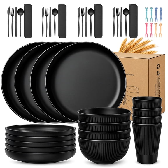 Plastic Dinnerware Set for 4, 40 PCS Dish Set with Plates, Bowls, Cups and Utensils, BPA-Free Reusable Wheat Straw Plates and Bowls Set, Microwave Dishwasher Safe Dishes for Home, Dorm, Camp