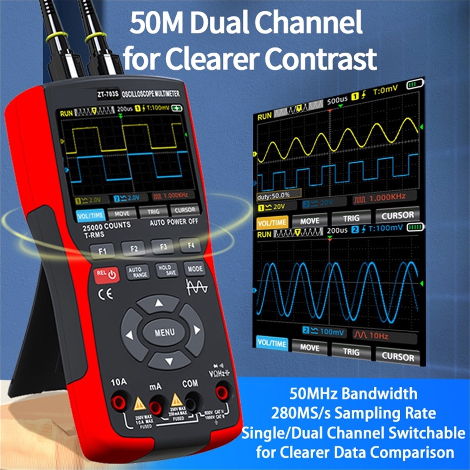Digital Handheld Oscilloscope Multimeter Waveform Signal Output 2 Channels 50MHZ Suitable For Automotive Electrical Repair ,Battery Test
