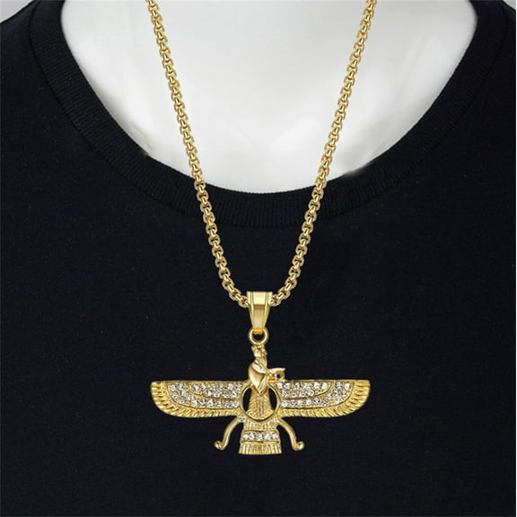 Hip Hop Iced Out Iran Ahura Mazda Faravahar Pendant 14K Yellow Gold Zoroastrian Necklace for Women Men Jewelry Gift