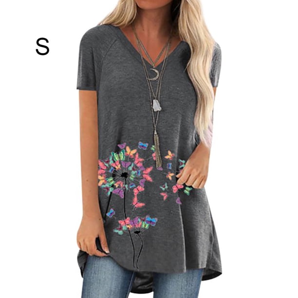 Qarigey Camiseta con cuello en V Blusa suelta de manga corta Mujer Estampado Top de verano Prendas para la parte del cuerpo Gris S