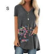 sailomarn T-Shirt V-Neck Loose Short Sleeve Blouse Woman Print Summer Top, Gray, S