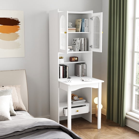 Dealtops Fold-Out Convertible Writing Desk with Storage Cabinet, Space-Saving Bookshelf with Drawer for Home, White