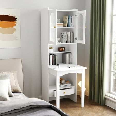 Dealtops Fold-Out Convertible Writing Desk with Storage Cabinet, Space-Saving Bookshelf with Drawer for Home, White