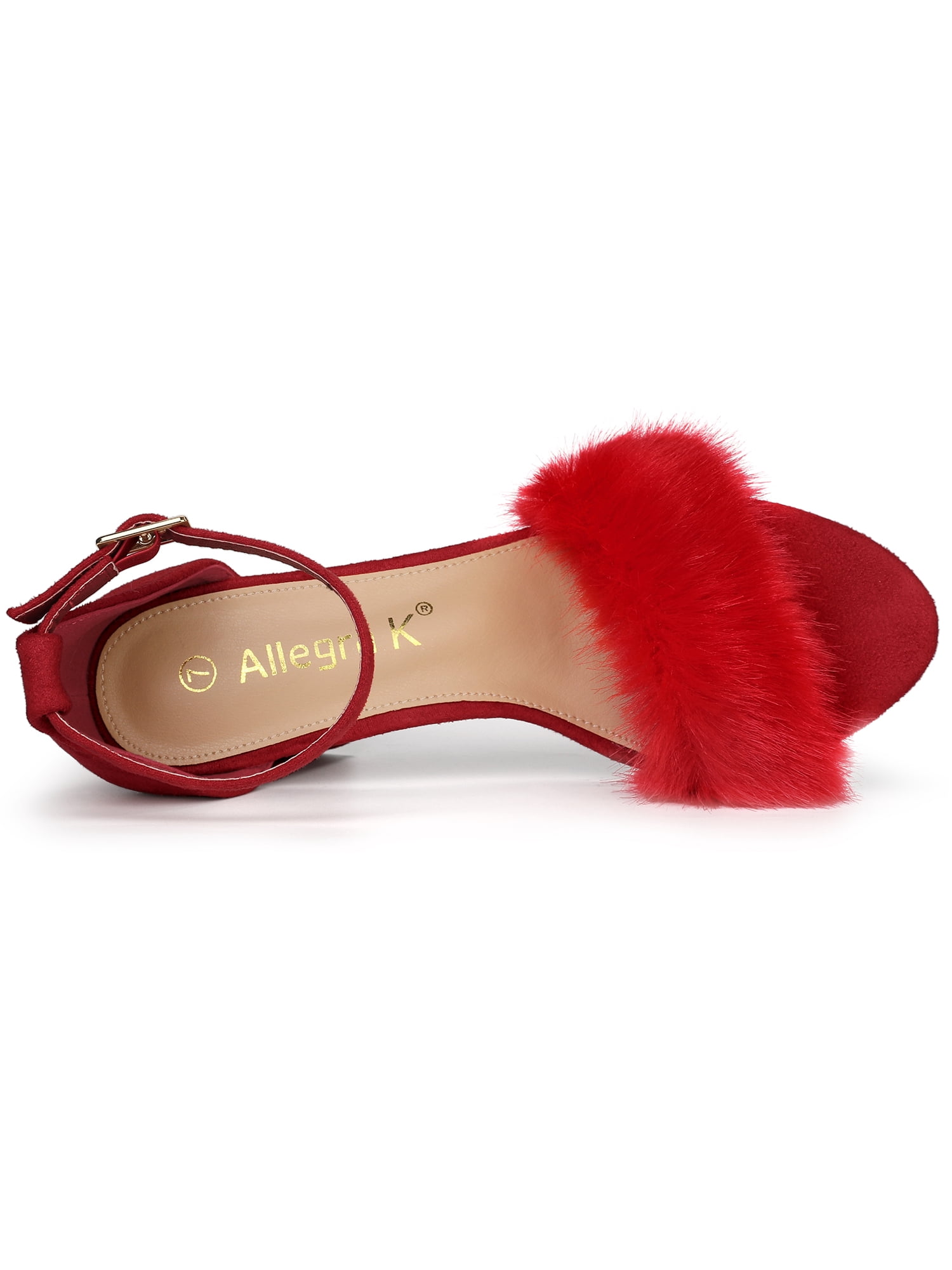 DARING DIVA Women's Ankle Strap Faux Fur Block Heels Beige Sandals for Wear Red 9