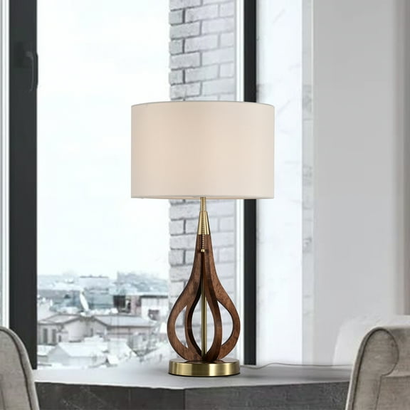 Lovis 12 in. 1-Light Indoor Brass and Faux Wood Grain Finish Table Lamp with Light Kit