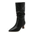 thumbnail image 4 of Rokment Slouchy Stiletto Wide Mid Calf Dress Boots for Women Fashion Casual Denim Leather Pointed Toe Kitten Heel Long Tall Boots Winter Spring Black Size 6, 4 of 5