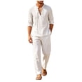 thumbnail image 2 of Maqroz Mens Two Piece Outfits Long Sleeve V Neck Lace Up Shirts Drawstring Beach Pants Casual Summer Vacation Wear Linen Textured Matching Sets Bohemian Trendy Streetwear, 2 of 5