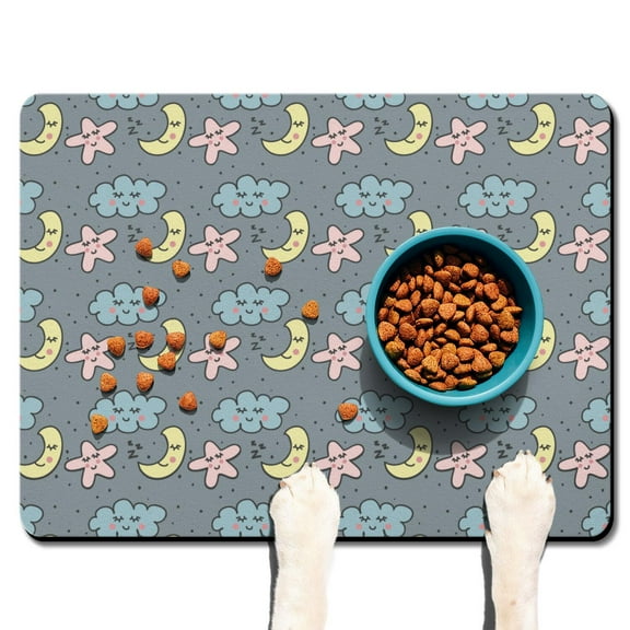 Cartoonish Animal Dog Food Mat - Absorbent Pet Placemat with Kawaii Expressions - Non-Slip Rubber Base - Playful Space Theme for Kids 12"X19"