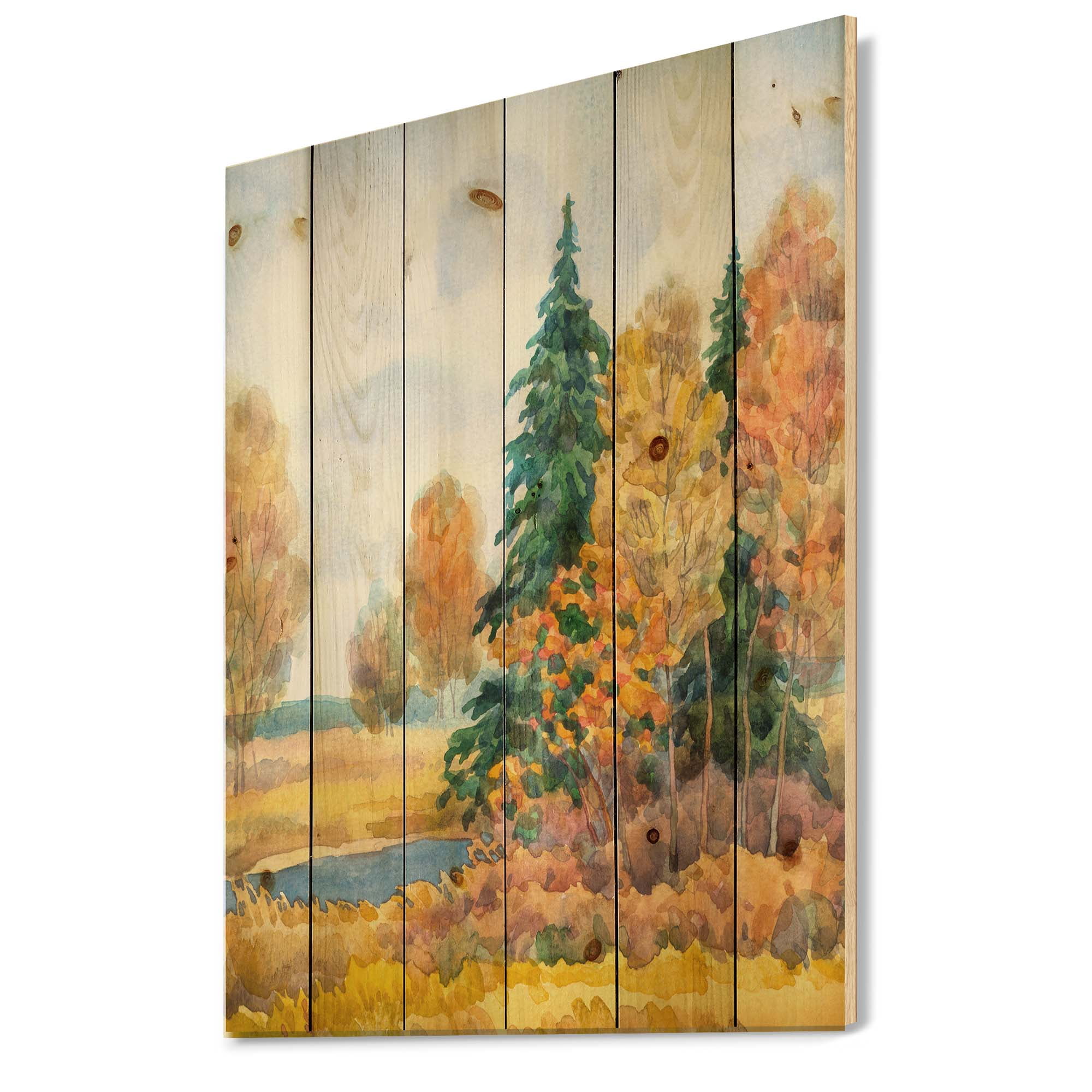 Designart 'Autumn Forest By The Lake Side V' Lake House Print on Natural Pine Wood