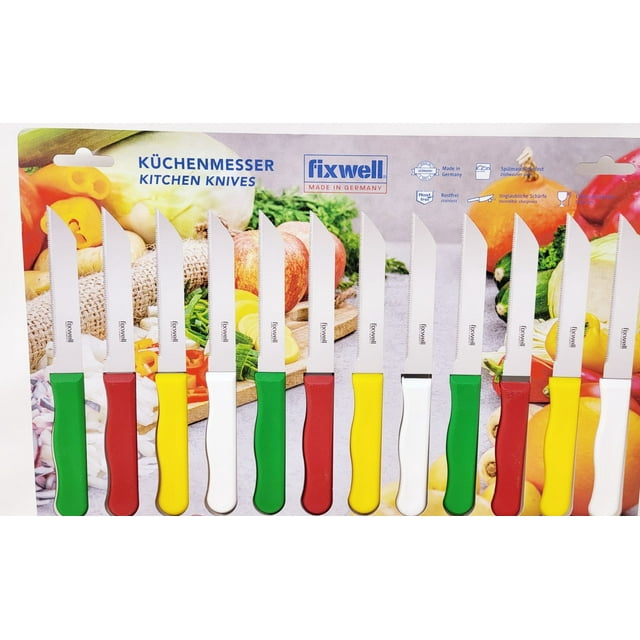Fixwell Stainless Steel Knife Set, 12-Piece, WHITE, RED, GREEN , YELLOW, 3 INCH