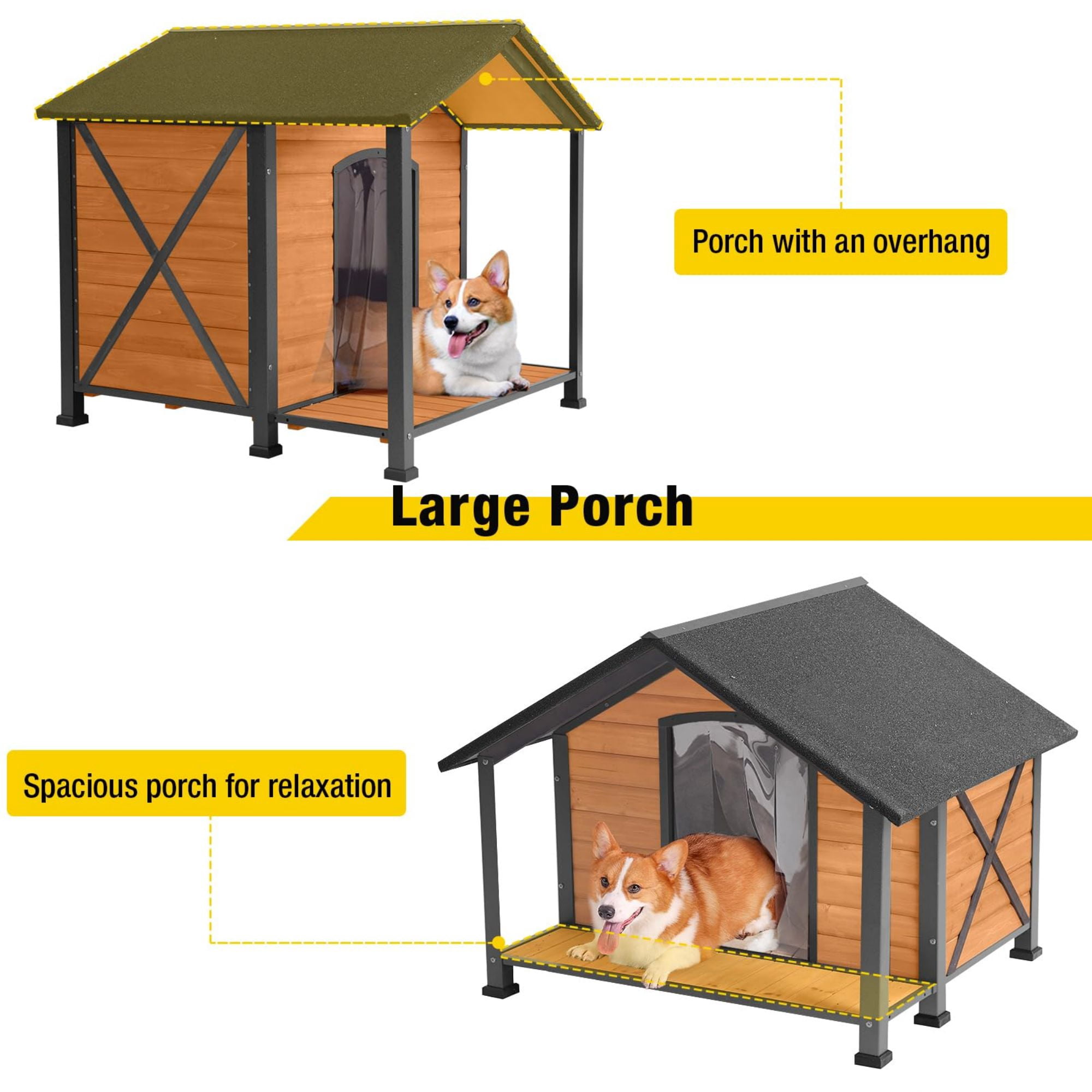 Aivituvin Anti-Chewing Outdoor Dog House with Iron Frame, 34.3"D Weatherproof Wooden Dog Kennels with Large Porch for Outdoor & Indoor, Brown