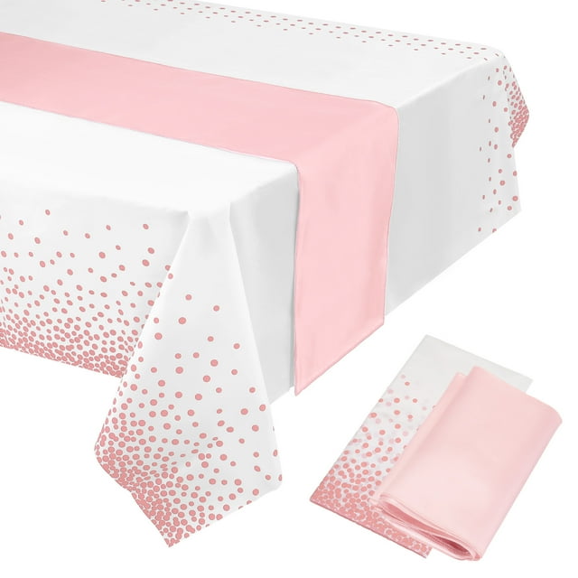 Unique Bargains Pink Table Runner w White Disposable Plastic Tablecloths 54 x 108' Pink Dots for Wedding Parties 1 Set