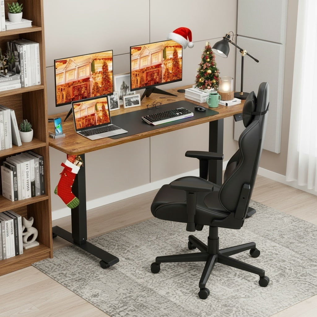 Legooin 63"W x 24"D Ergonomic Stand-up Table Height Adjustable Standing Desk with on Wheels Wooden Desktop Office Desk for Multi Monitors, Brown