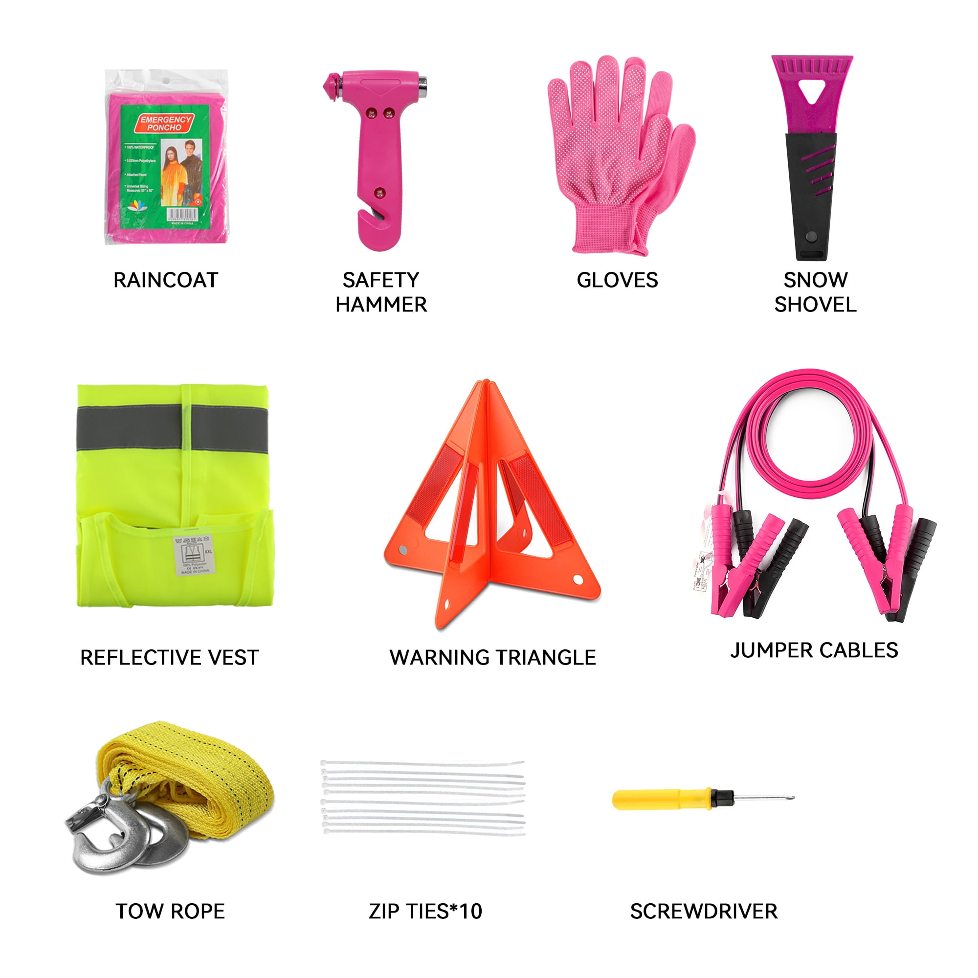 Pink Car Emergency Kit – Roadside Emergency Kit with Jumper Cables & Safety Tools