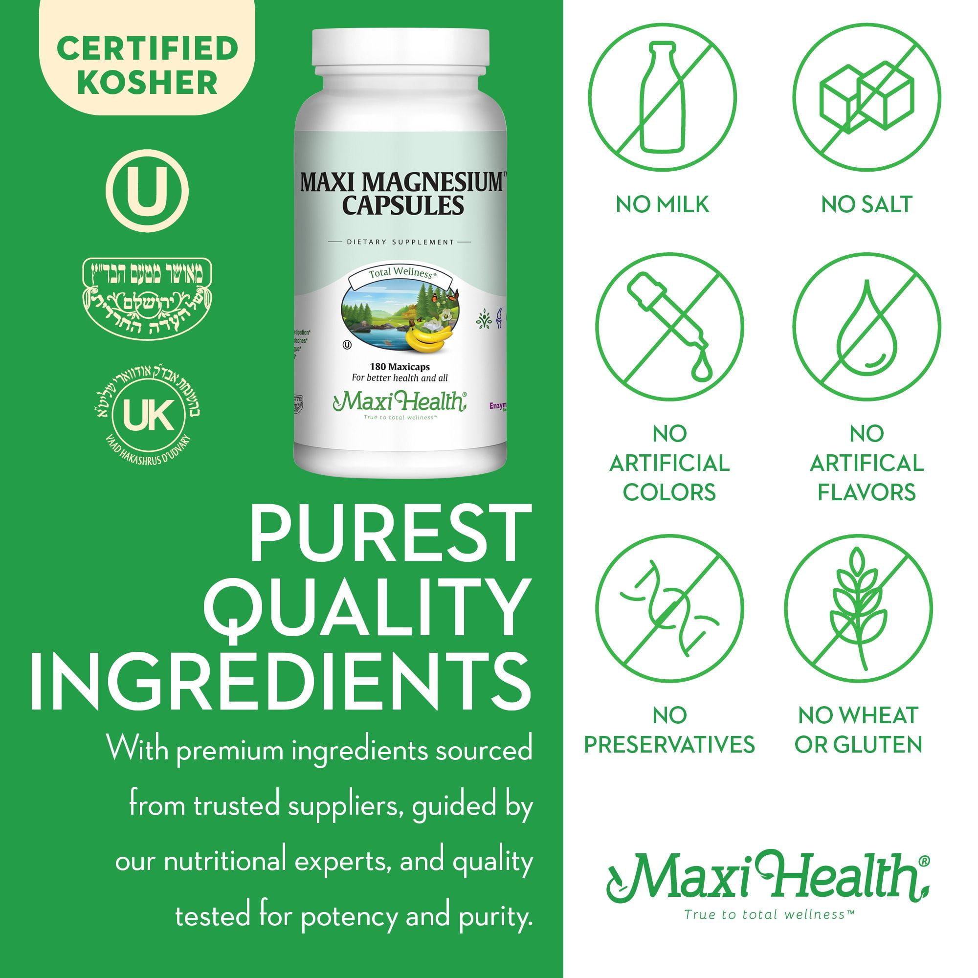 Maxi Health Magnesium Capsules – Energy, Muscle & Nerve Support, Bone Health – 180 Count
