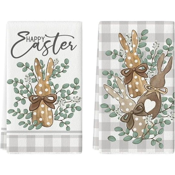 Buffalo Plaid Rabbit Bunny Eucalyptus Easter Kitchen Towels Dish Towels, 18x26 Inch Spring Decoration Hand Towels Set of 2