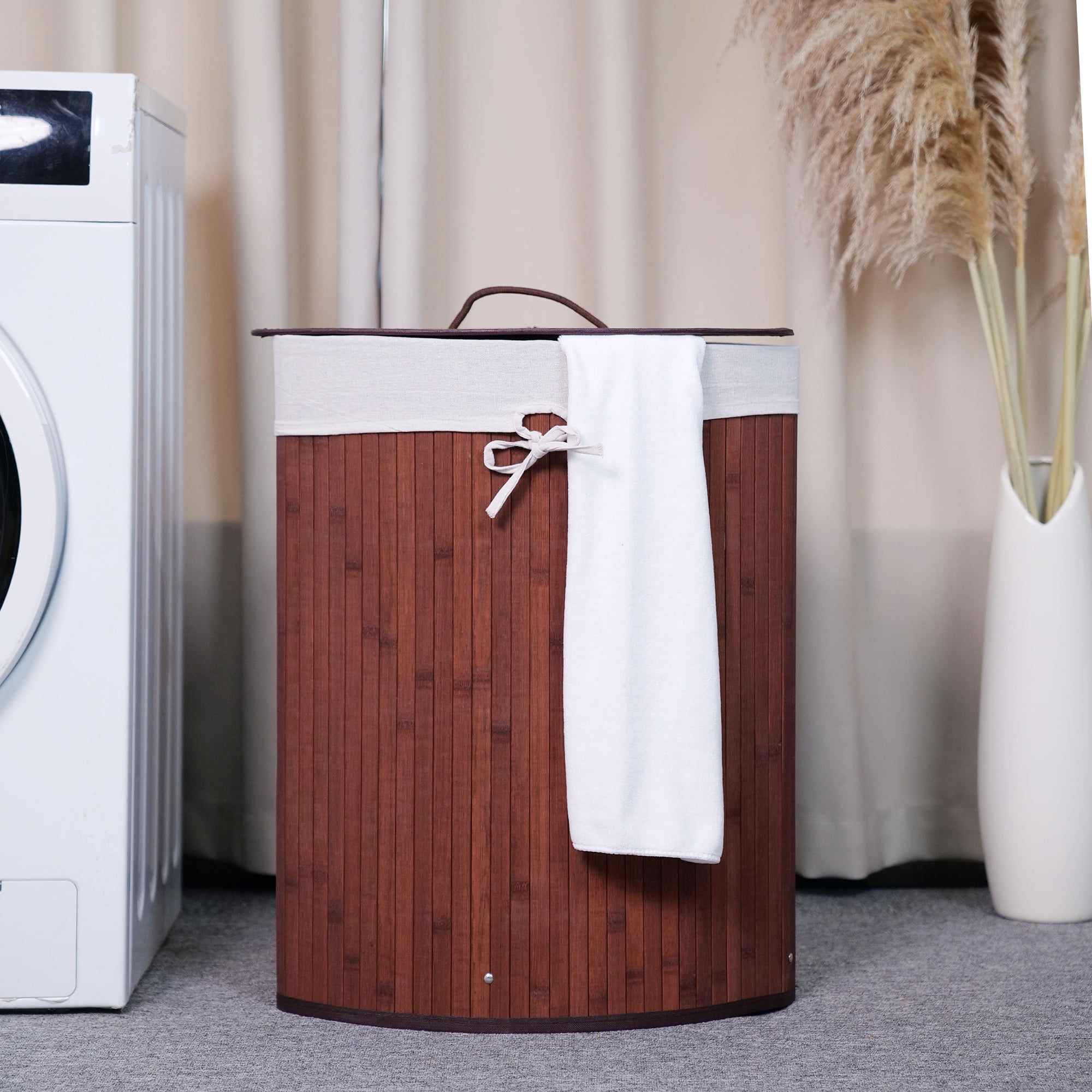 Corner Bamboo Laundry Hamper with Lid and Removable Liner Corner Bamboo Laundry Basket with Handle Washing Clothes Basket Storage Bin for Bedroom Bathroom