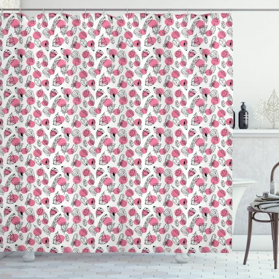 Feather Shower Curtain, Black Outline Feather Motifs with Big Pink Dots in Hand-drawn Style Boho, Fabric Bathroom Set with Hooks, 69W X 84L Inches Extra Long, Black White and Pink, by Ambesonne