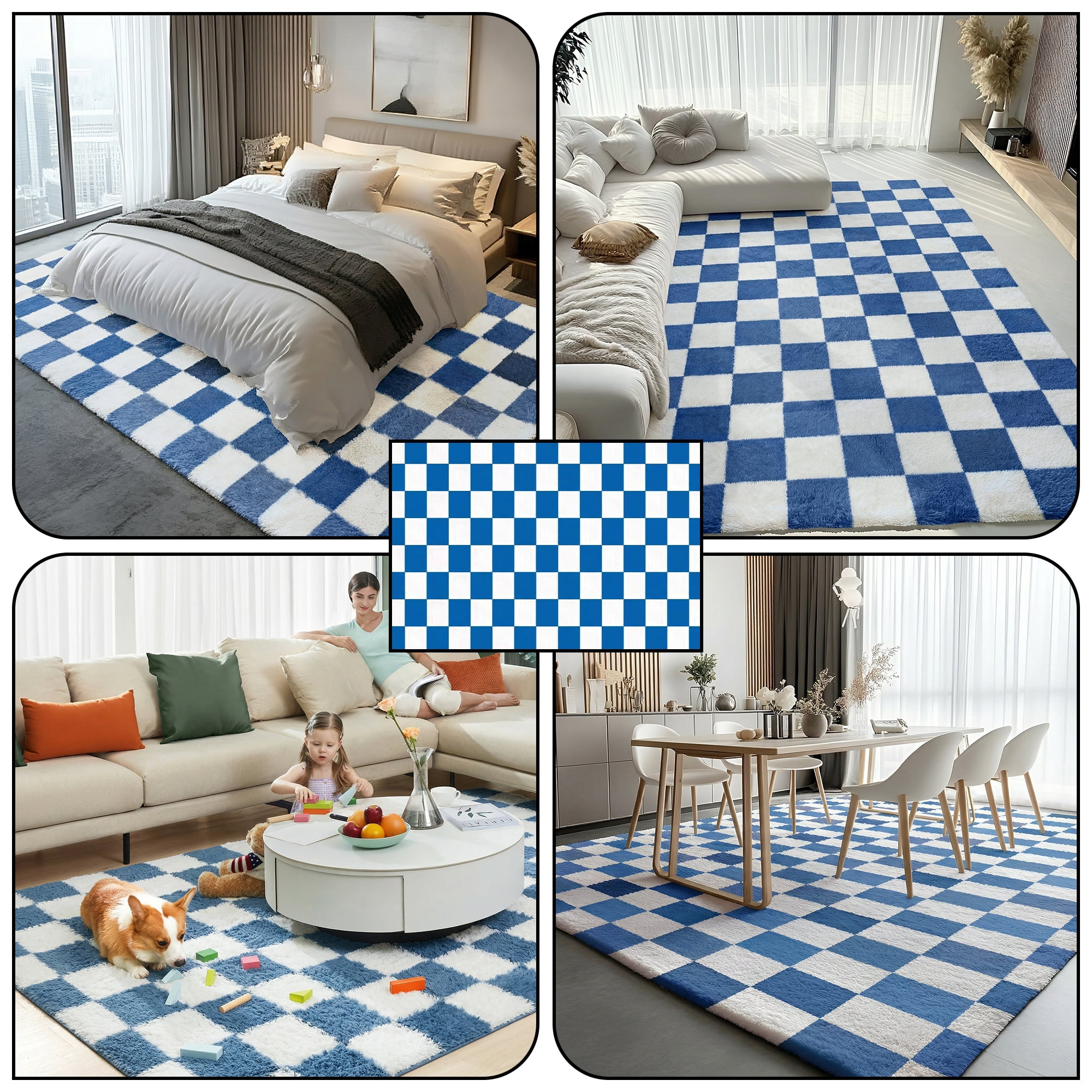 Pentantan 5ft x 8ft Shag Area Rugs for Living Room, Classic Checkered Fluffy Bedroom Carpet, Blue & White