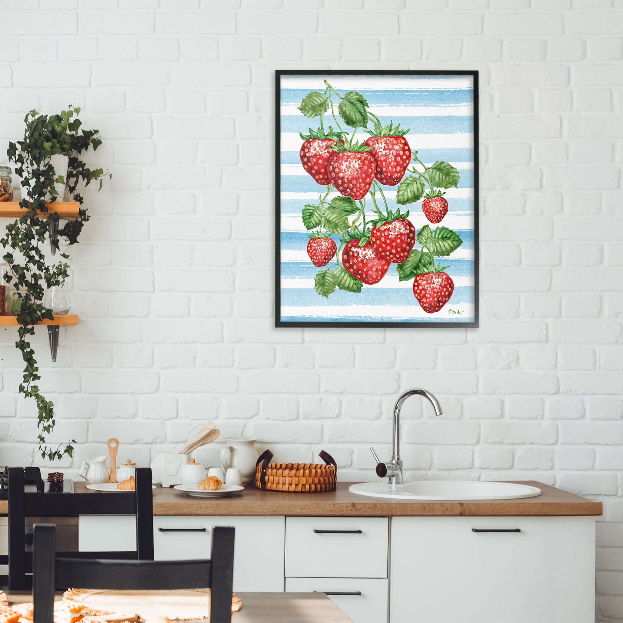 Stupell Industries Juicy Strawberry Vine on Stripes Black Framed Giclee Art, design by Paul Brent