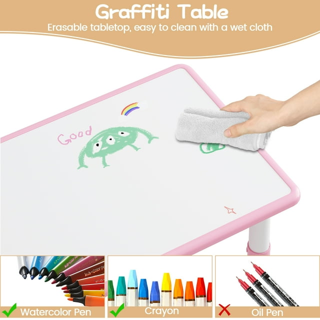 Ourlova Kids Table and 6 Chairs Set - Height Adjustable, Graffiti Desktop, Children's Learning Activity Table