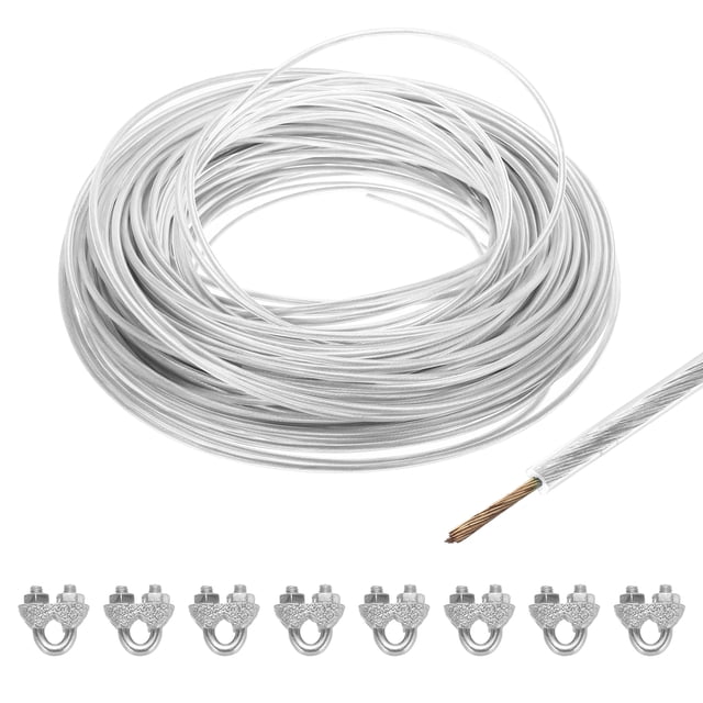 Uxcell 5/32 Clear Vinyl Coated Wire Rope 197ft Galvanized Steel with 8PCS M5 Loop Sleeves