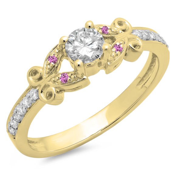 Dazzlingrock Collection 14K Round Pink Sapphire & White Diamond Bridal Vintage Style Engagement Ring, Yellow Gold, Size 8