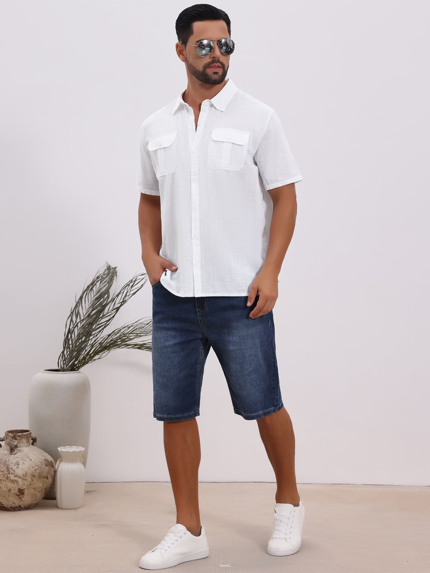 DARING DIVA Men's Solid Color Short Sleeve Button Down Linen Shirt M White