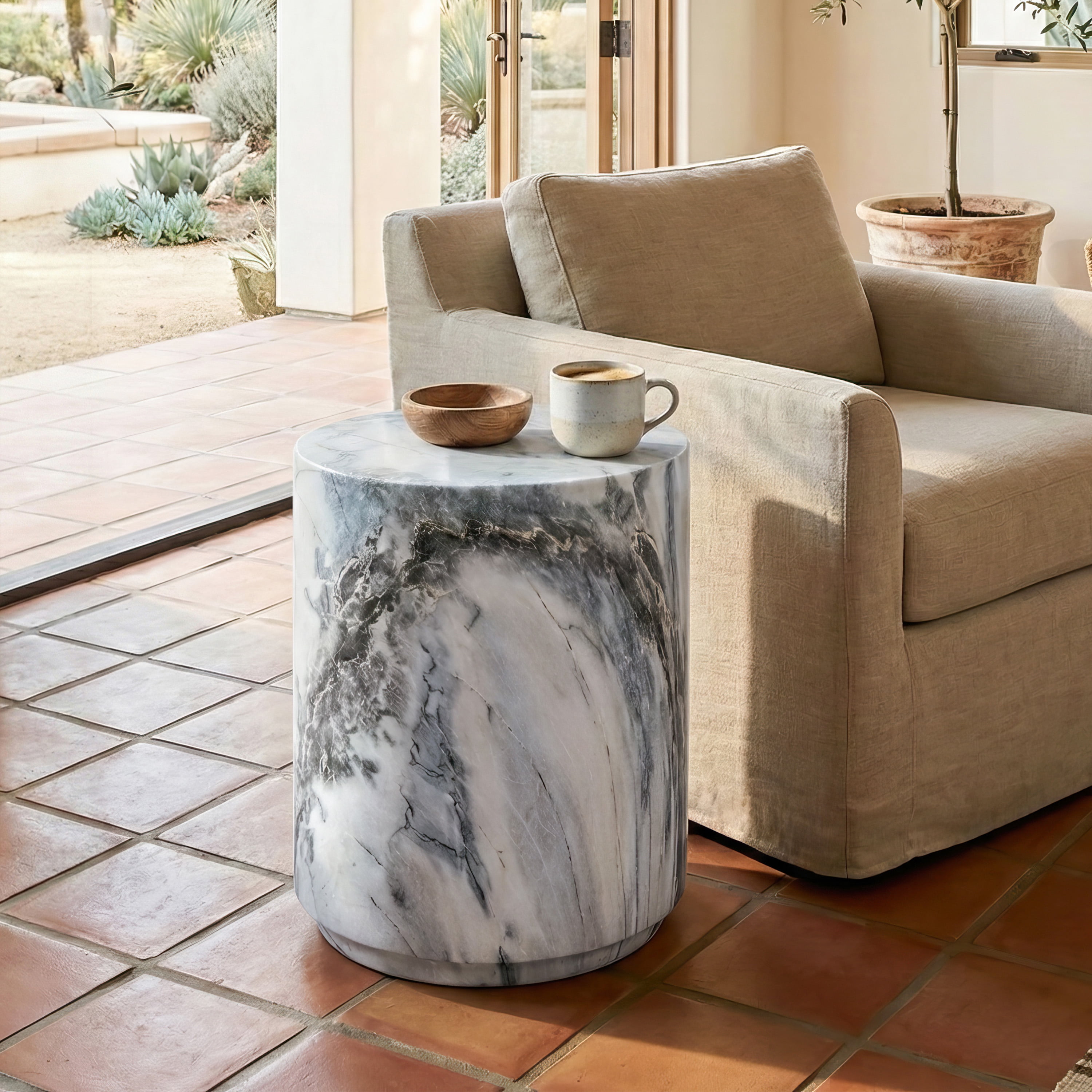 Furniture of America Isla Modern Stone Indoor & Covered Patio Round Drum End Table, Blue Gray Marble