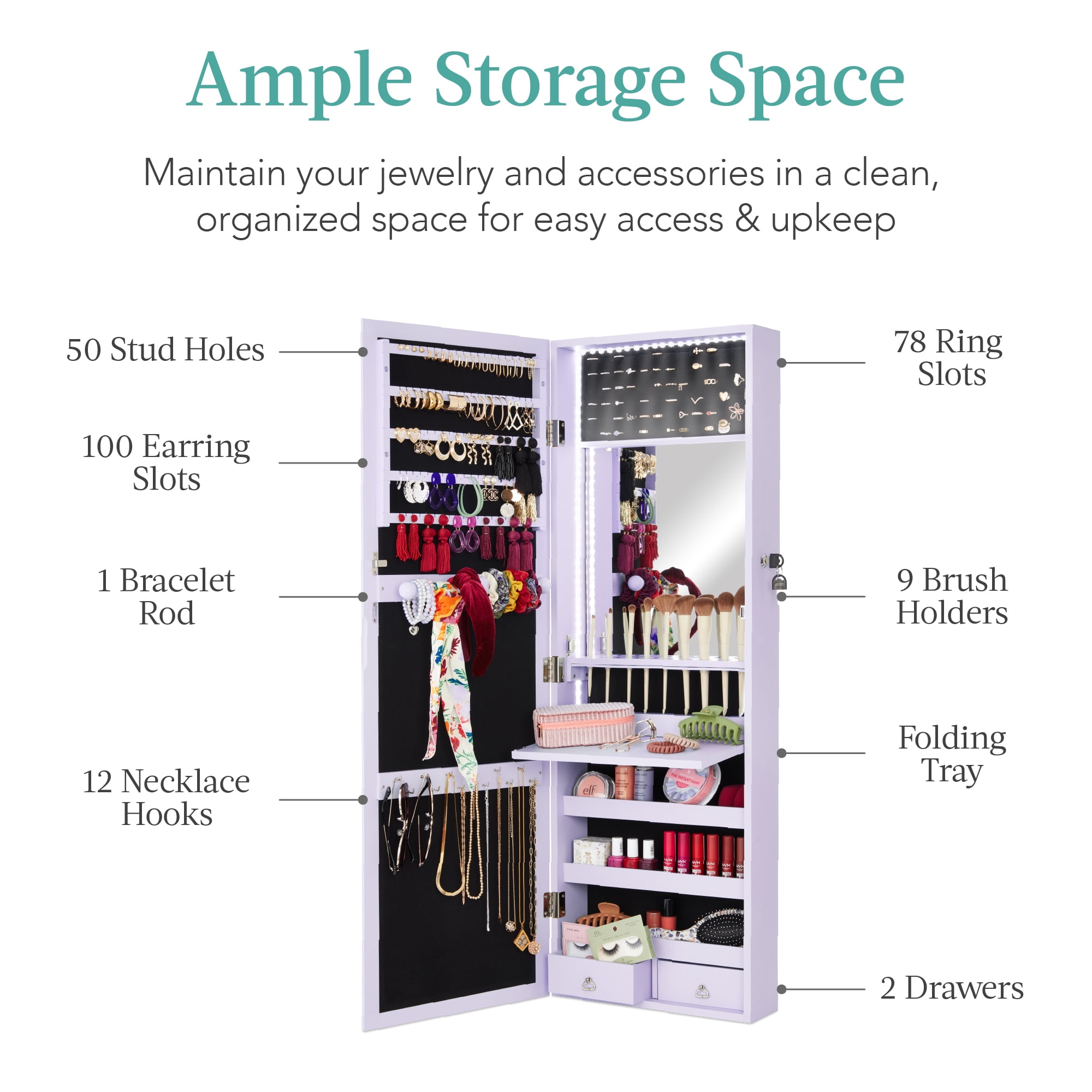 Best Choice Products Hanging Mirror Jewelry Armoire, Door or Wall Mounted Cabinet w/ LED Lights, Lock - Lavender