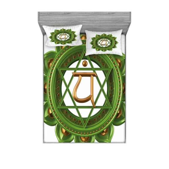 Ambesonne Green Fitted Sheet & Pillow Sham Set, Glimmer Balance, Queen, Green Brown