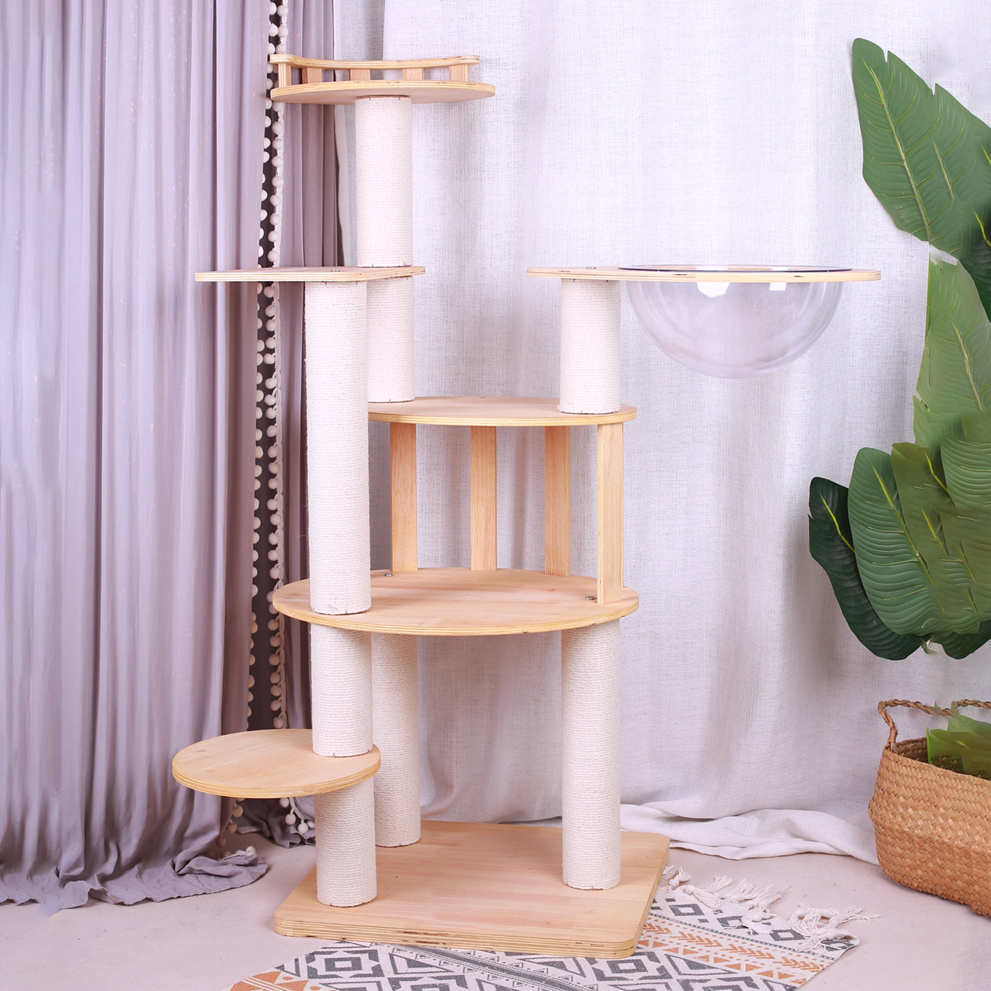 Pefilos 46" Cat Tree Tower for Indoor Cats, Multi-Level Wood Cat Condo for Large Cats with Space Capsule, Top Perch, Beige Pefilos 46" Cat Tree Tower for Indoor Cats, Multi-Level Wood Cat Condo for Large Cats with Space Capsule, Top Perch, Beige