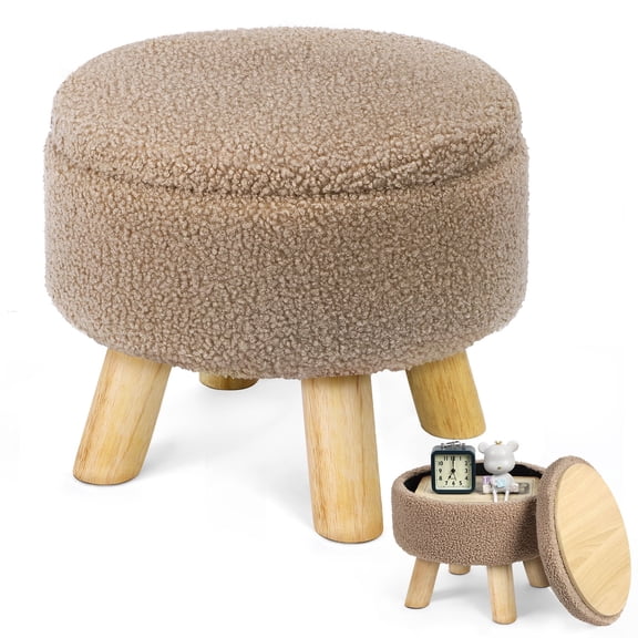 Grey Brown Ottoman with Storage Small Round Ottoman Foot Rest Footstool with Wood Legs for Living Room, Bedroom&Entryway