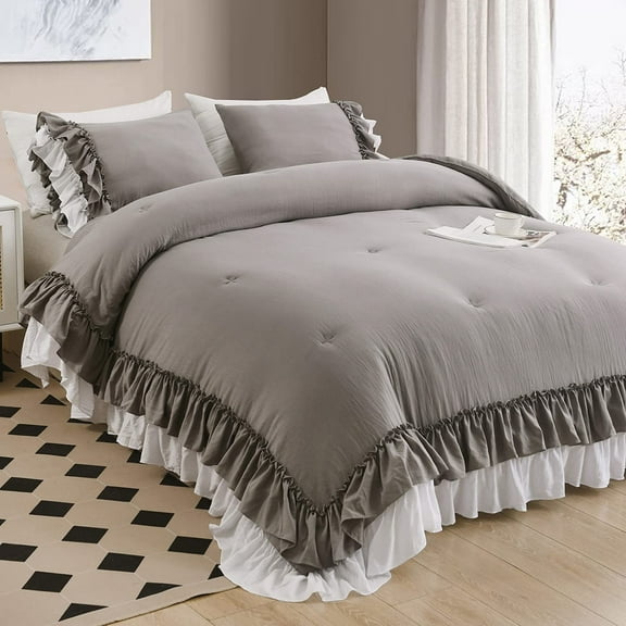 Ruffle Queen Comforter Set,Grey White Ruffled Comforter Sets for Queen Bed Shabby Boho Chic Farmhouse Bedding Set(1 Ruffle Comforter and 2 Pillowcases)