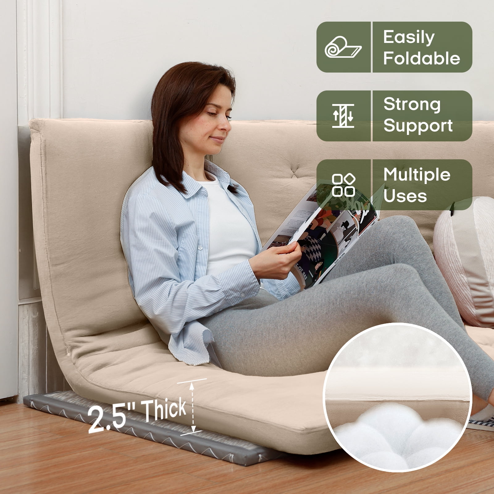 Zonli Japanese Floor Futon Mattress, 2.5" Cotton Folding Tatami Pad, Twin 75"x39", Khaki