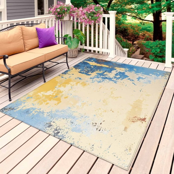 Blue Yellow Outdoor Rug for Patio/Deck/Porch, Non-Slip Large Area Rug 5 x 8 Ft, Vintage Oil Painting Abstract Modern Indoor Outdoor Rugs Washable Area Rugs, Reversible Camping Rug Carpet Runner