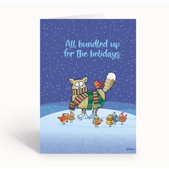 Funny Cat and Birds - All Bundled Up For The Holidays - 18 Funny Christmas Cards