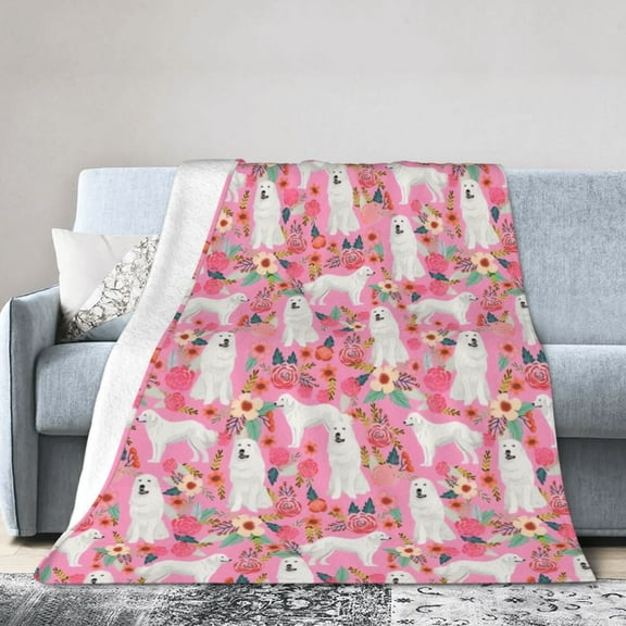 Great Pyrenees Dog Floral Flower Blanket Gifts For Kids Adults - Lightweight Throw Blanket For Bedroom Living Room Decor Soft Fuzzy Fleece Cozy Plush Bed Couch 40"X30"