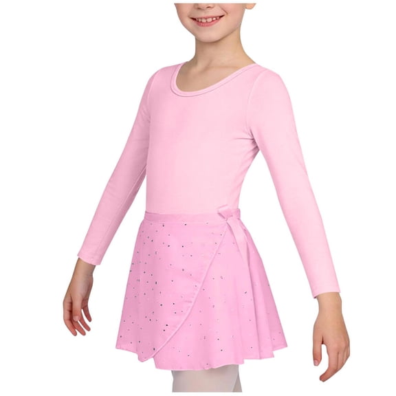 WRKEKC Girls 2 Piece Outfits Ballet Dancewear Heart Backless Cross Long Sleeve Sequin Mesh Skirt Practice Soft 3-12 Years