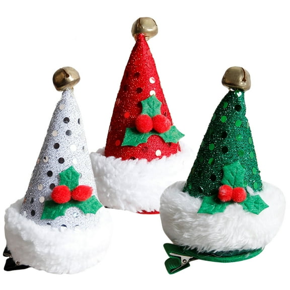 Homoyoyo 3Pcs Christmas Hat Hair Clips Assorted Color Metal and Cloth Hair Accessories for Decor