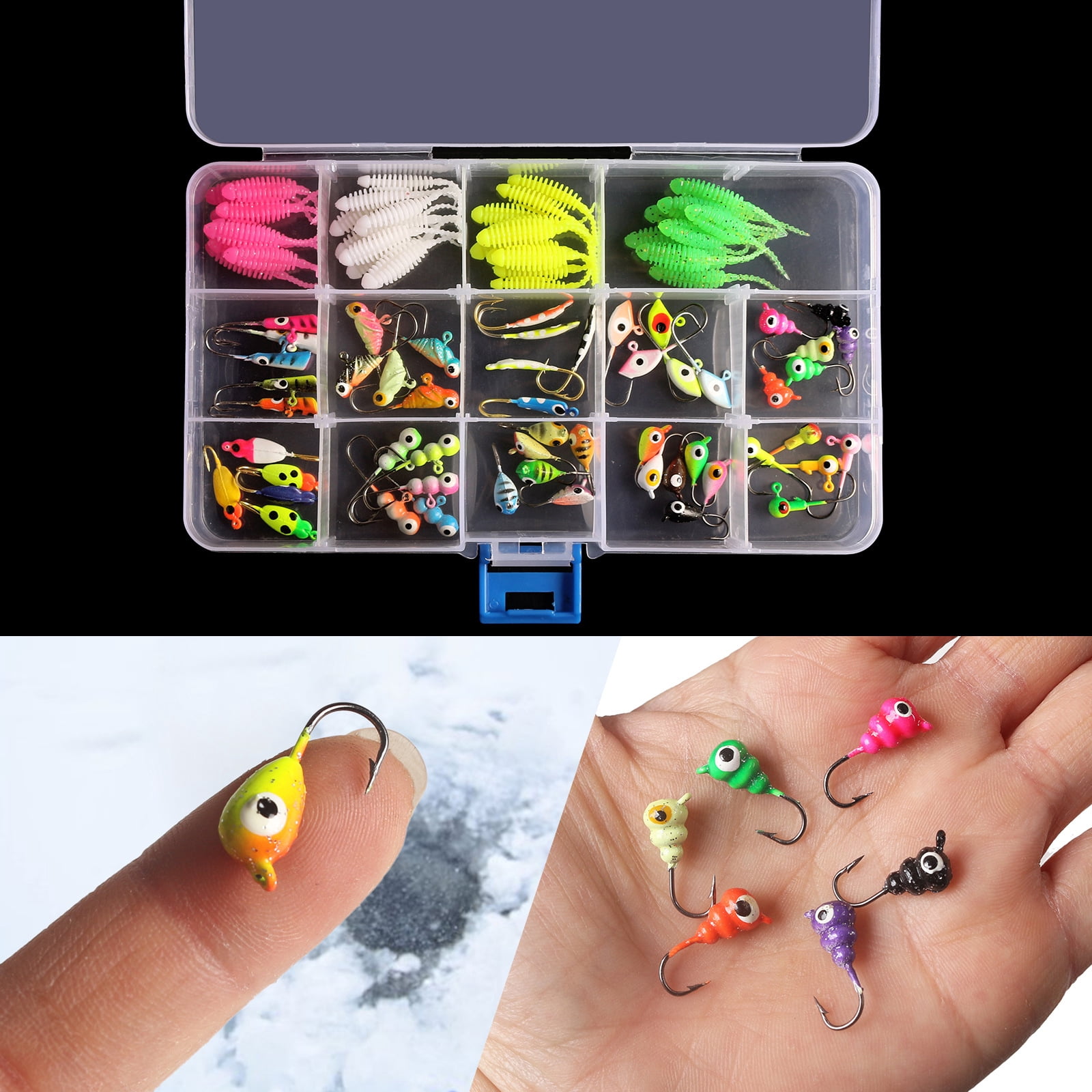 Riousery 93pcs Ice Fishing Jigs Kit, Includes Assorted Jig Heads, Hooks, and Soft Lures for Catching Bass, Trout, and Walleye (7.08 inches / 18 cm)